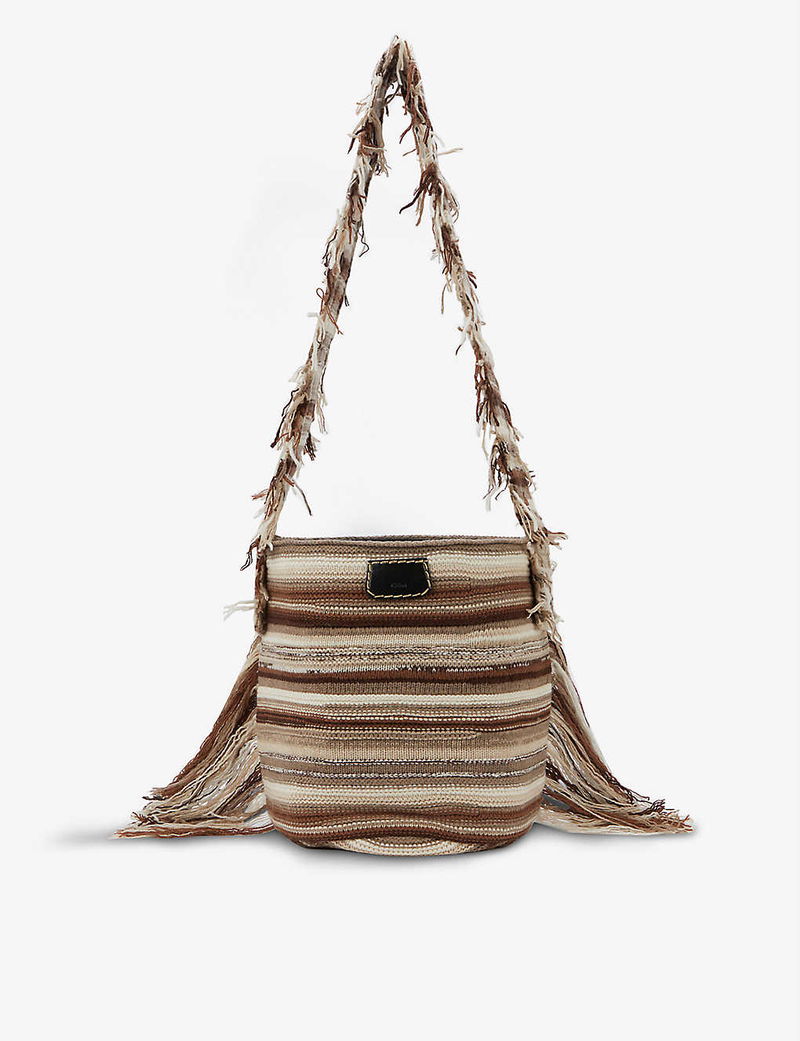 Chloe Jorge Striped Fringed Boho Cashmere Woven Bucket Tote Bag