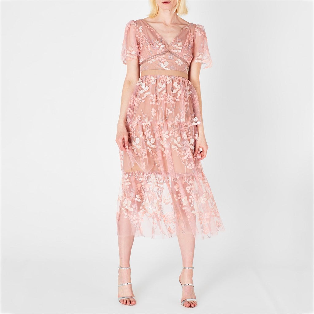 self portrait flower mesh tiered midi dress Self Portrait Floral Mesh Embellished Tulle Tiered Midi Dress