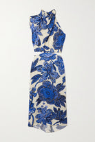 JOHANNA ORTIZ Gotas De Fuego Cutout Draped Floral-Jacquard Blue Midi Dress - House Of Huntington