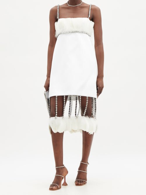 CHRISTOPHER KANE Bridal White Feather Detail Crystal Chain Fringe Hem Mini Dress - House Of Huntington