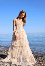 Amy Jane London Champagne Regency Era Corset Bodice Tulle Florence Gown - House Of Huntington