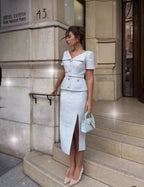 Self-Portrait Blue Boucle Tweed Folded Collar Diamante Button Detail Midi Dress