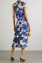 JOHANNA ORTIZ Gotas De Fuego Cutout Draped Floral-Jacquard Blue Midi Dress - House Of Huntington