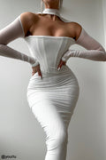 House Of CB Millarose White Mesh Corset Long Sleeve Collared Open Front Midi Dress
