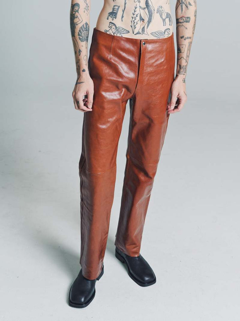 Our Legacy Mens Cognac Brown Leather Biker Pants Trousers - House Of Huntington