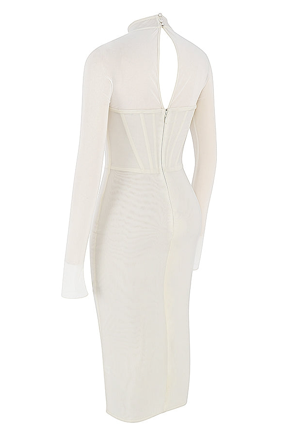 House Of CB Millarose White Mesh Corset Long Sleeve Collared Open Front Midi Dress