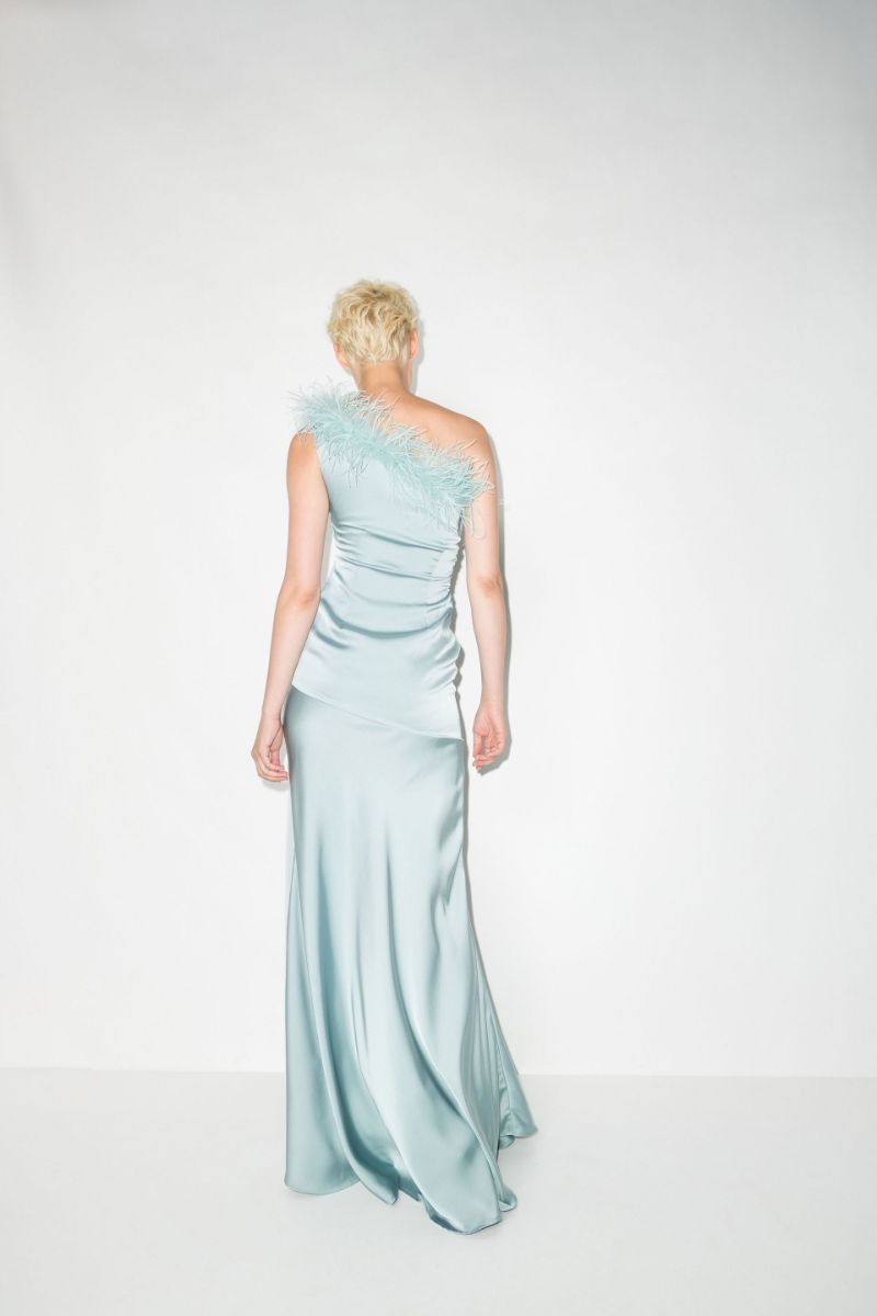 De La Vali Blue Satin Finca Feather Trim One Shoulder Gown Dress