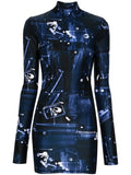Coperni X-Ray Blue Print Logo Front Long Sleeve High Neck Mini Dress