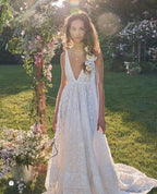 LoveShackFancy Bridal White Romantic Lace Bow Back Wedding Gown - House Of Huntington