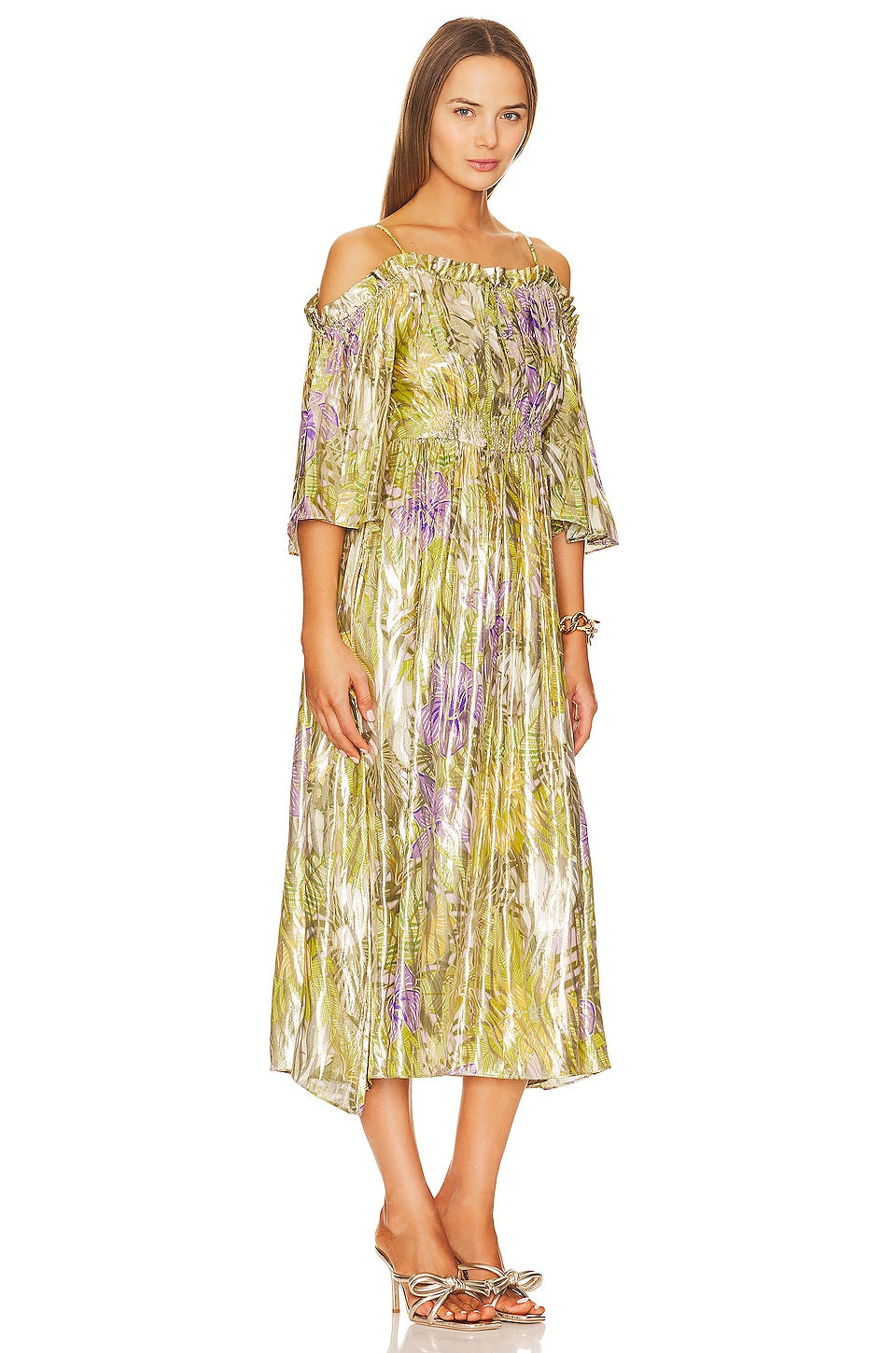 Hayley Menzies Tropical Hibiscus Shimmering Gold Off Shoulder Silk Dress