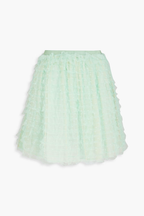 Jupe courte en tulle à volants et dentelle Point d'Esprit vert Red Valentino
