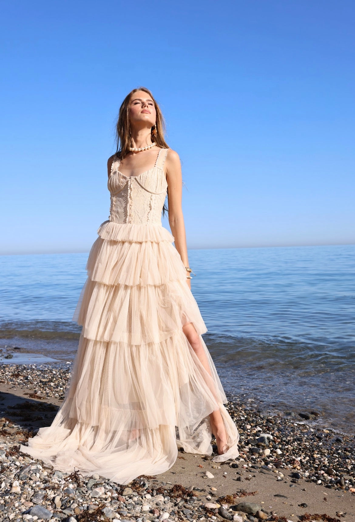 Amy Jane London Champagne Regency Era Corset Bodice Tulle Florence Gown - House Of Huntington