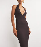 Skims Brown Ribbed Knit Stretch Woven Halterneck Maxi Dress