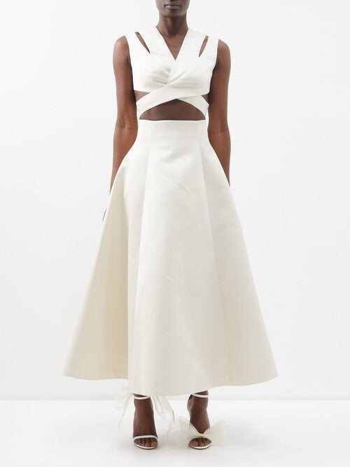 EMILIA WICKSTEAD Jax Cutout-Waist Duchess Satin Ivory Gown - House Of Huntington
