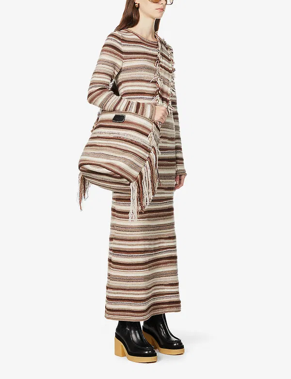 Chloe Jorge Striped Fringed Boho Cashmere Woven Bucket Tote Bag