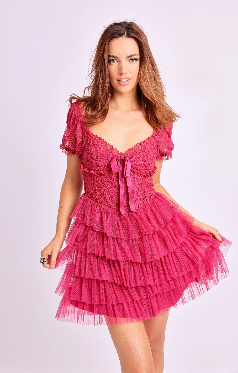 Amy Jane London Red Eras Tour Coquette Sweetheart Neck Lace Mini Sofia Dress - House Of Huntington