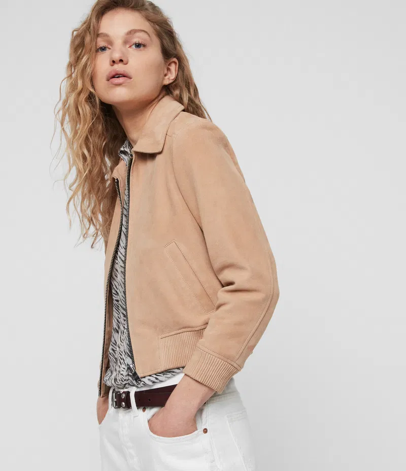 Azari Bomber Honey Brown Suede Jacket