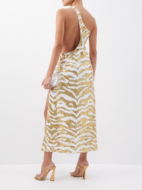 Halpern Tiger Gold White Full Sequinned One Shoulder 70s Disco Party Midi Dress