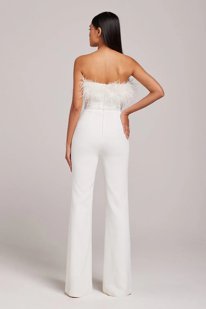 NADINE MERABI Colette White Corseted Strapless Feather Trim Jumpsuit - House Of Huntington