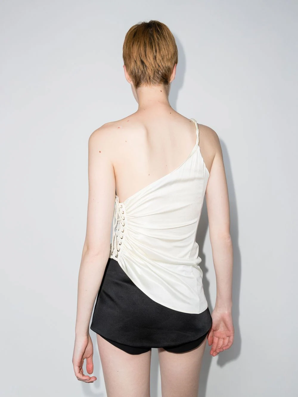 LUDOVIC DE DAINT SERNIN White Asymmetric Lace-Up Side Silk-Jersey Top - House Of Huntington