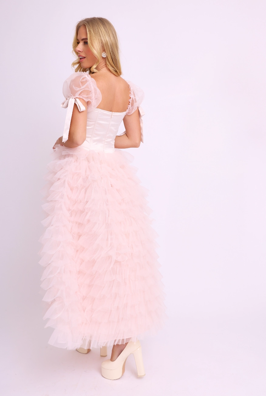 Amy Jane London Pink Kitty Fairytale Satin Corset Bodice Tiered Tulle Hem Maxi Gown Dress - House Of Huntington