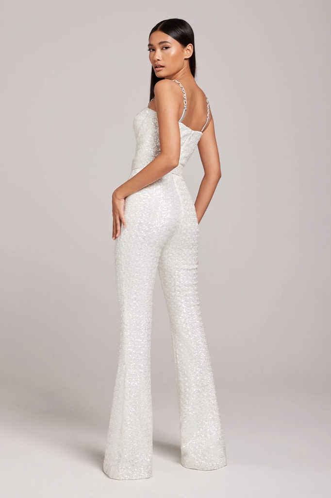 NADINE MERABI Lucinda White Sequinned Corseted Flared Leg Bridal Jumpsuit - House Of Huntington