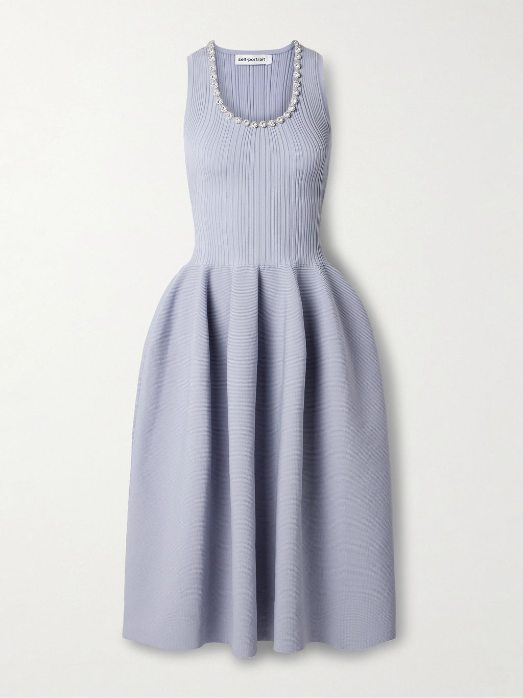 Self-Portrait Light Blue Crystal Embellished Ribbed Stretch Knit Midi Dress