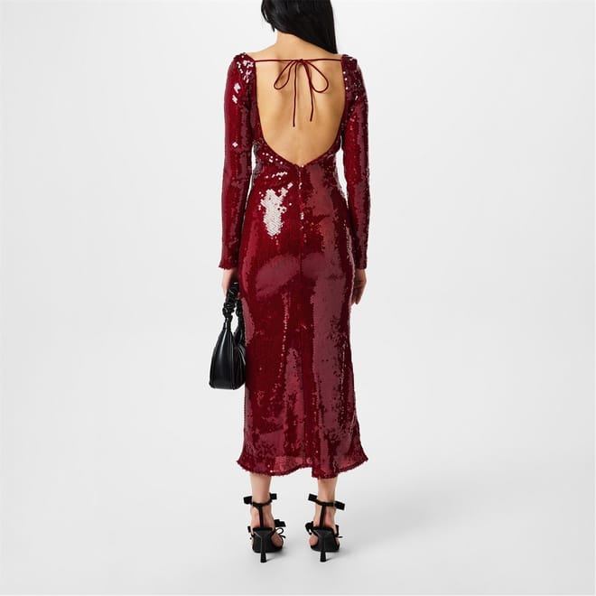 Robe midi rouge à sequins Bardot, bretelles et dos nu