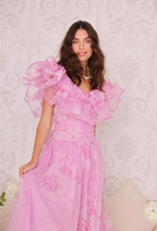Amy Jane London Pink Aurora Fairytale Organza Floral Ruffle Neck Whimsy Gown - House Of Huntington