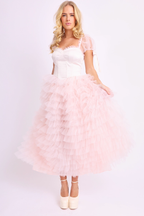 Amy Jane London Pink Kitty Fairytale Satin Corset Bodice Tiered Tulle Hem Maxi Gown Dress - House Of Huntington