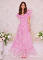 Amy Jane London Pink Aurora Fairytale Organza Floral Ruffle Neck Whimsy Gown - House Of Huntington