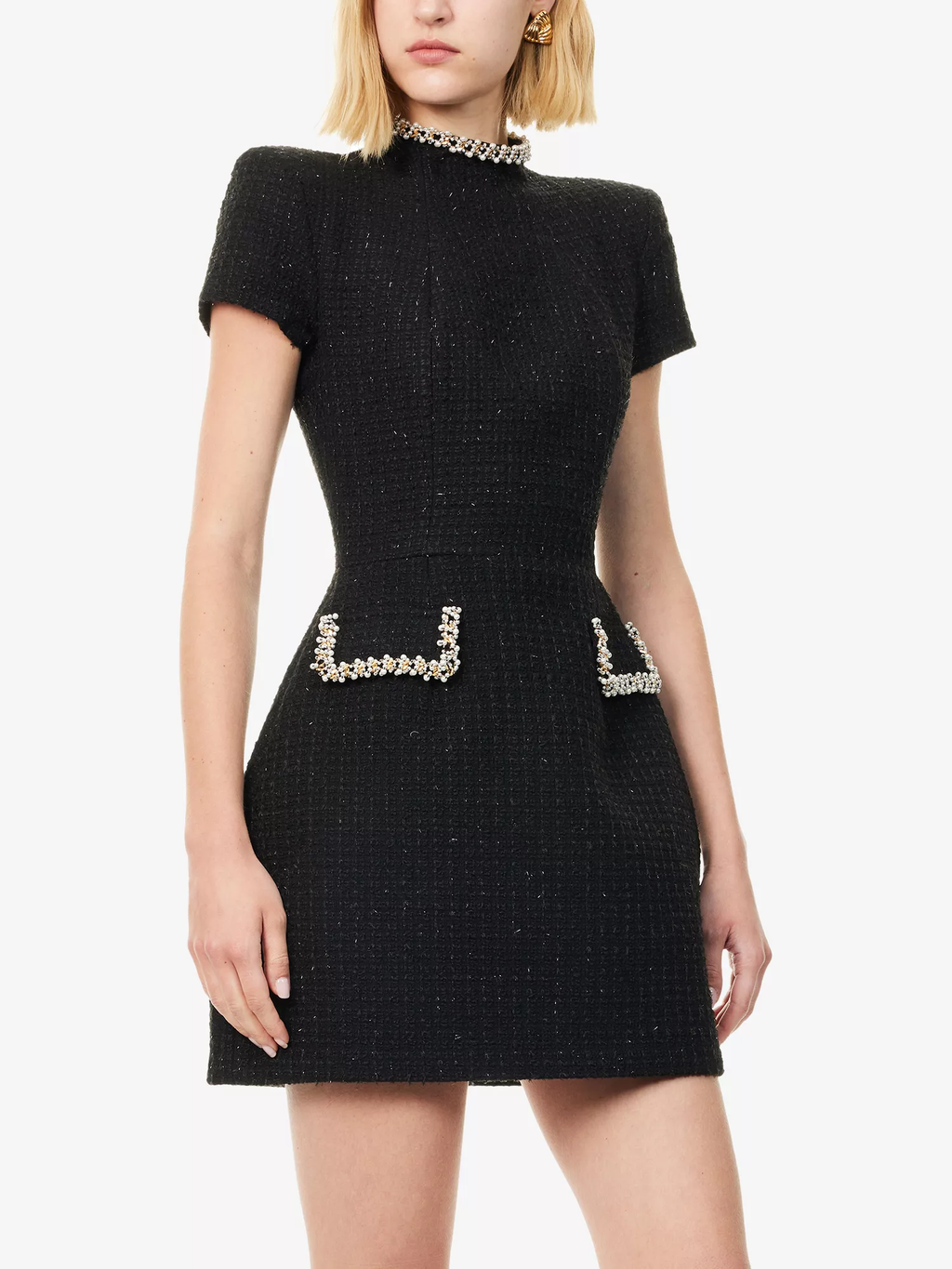 Nadine Merabi Black Tweed Simone Round-Neck Knitted Mini Dress