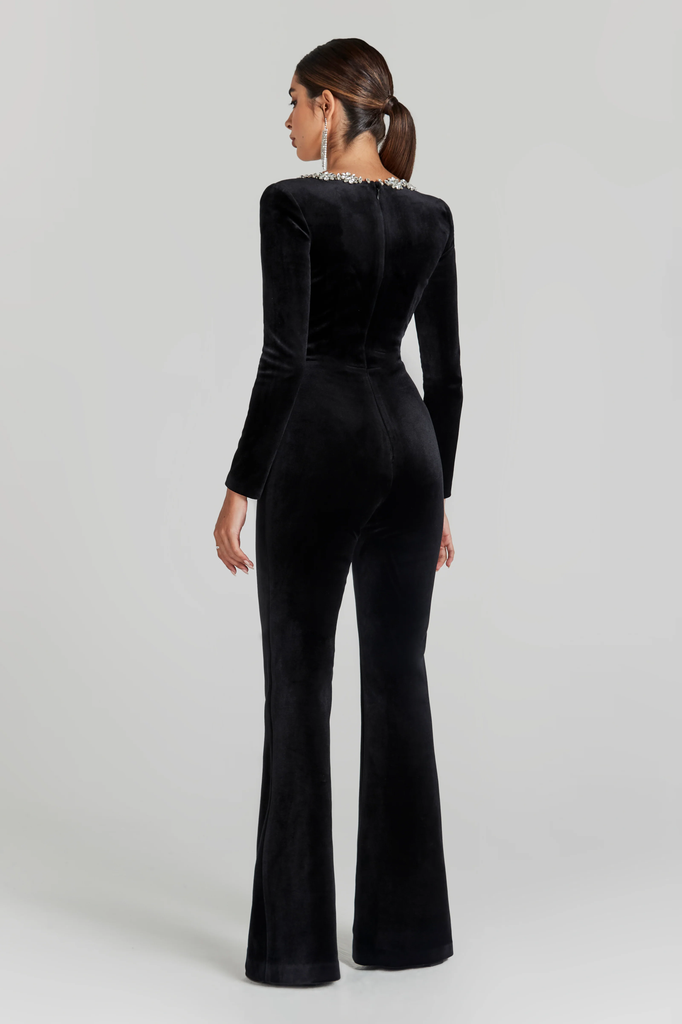 NADINE MERABI Black Kimberly Jewel Embellished Velvet Jumpsuit - House Of Huntington