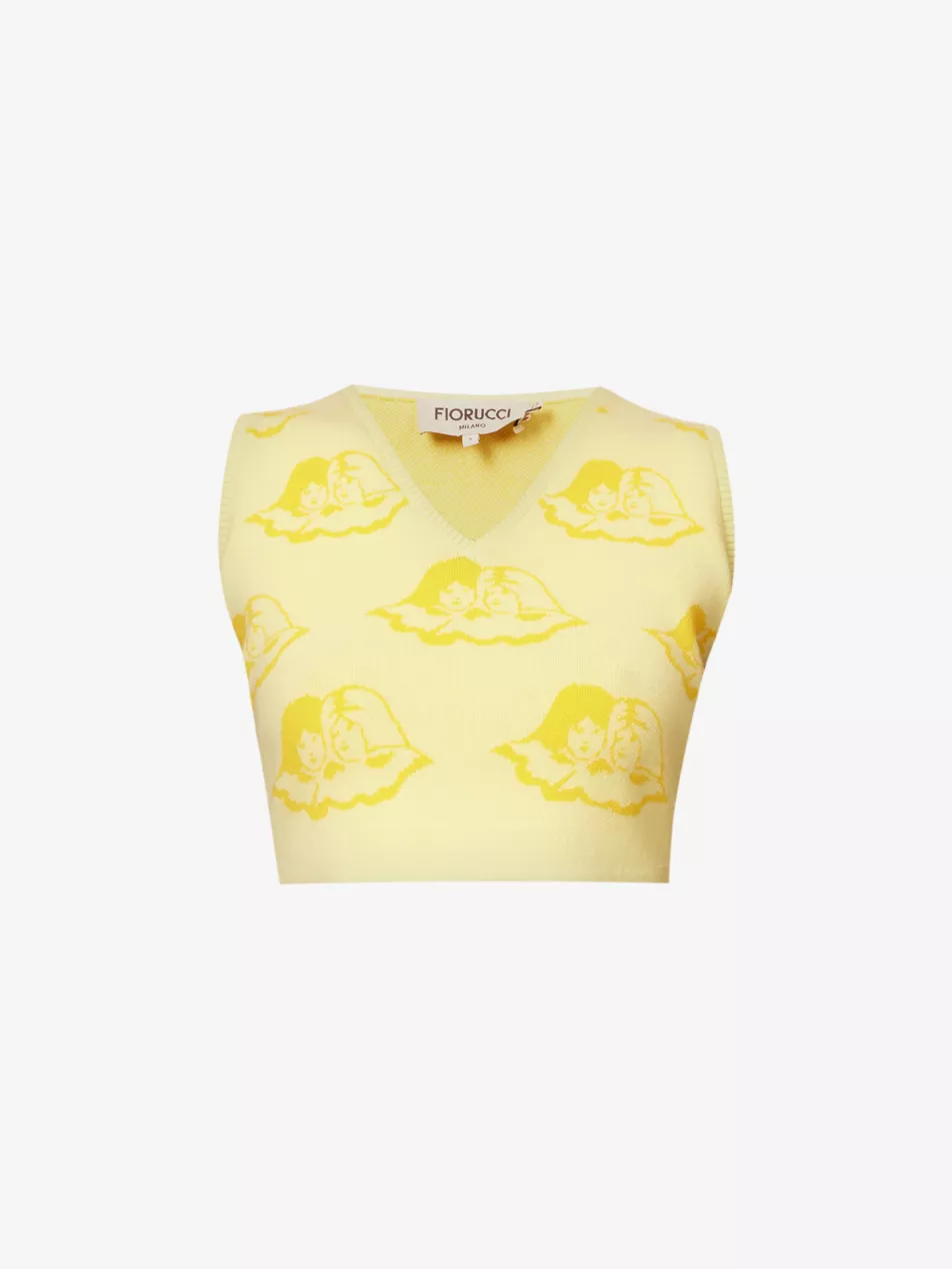 Fiorucci Yellow Angel Cherub Print Knit V-Neck Top