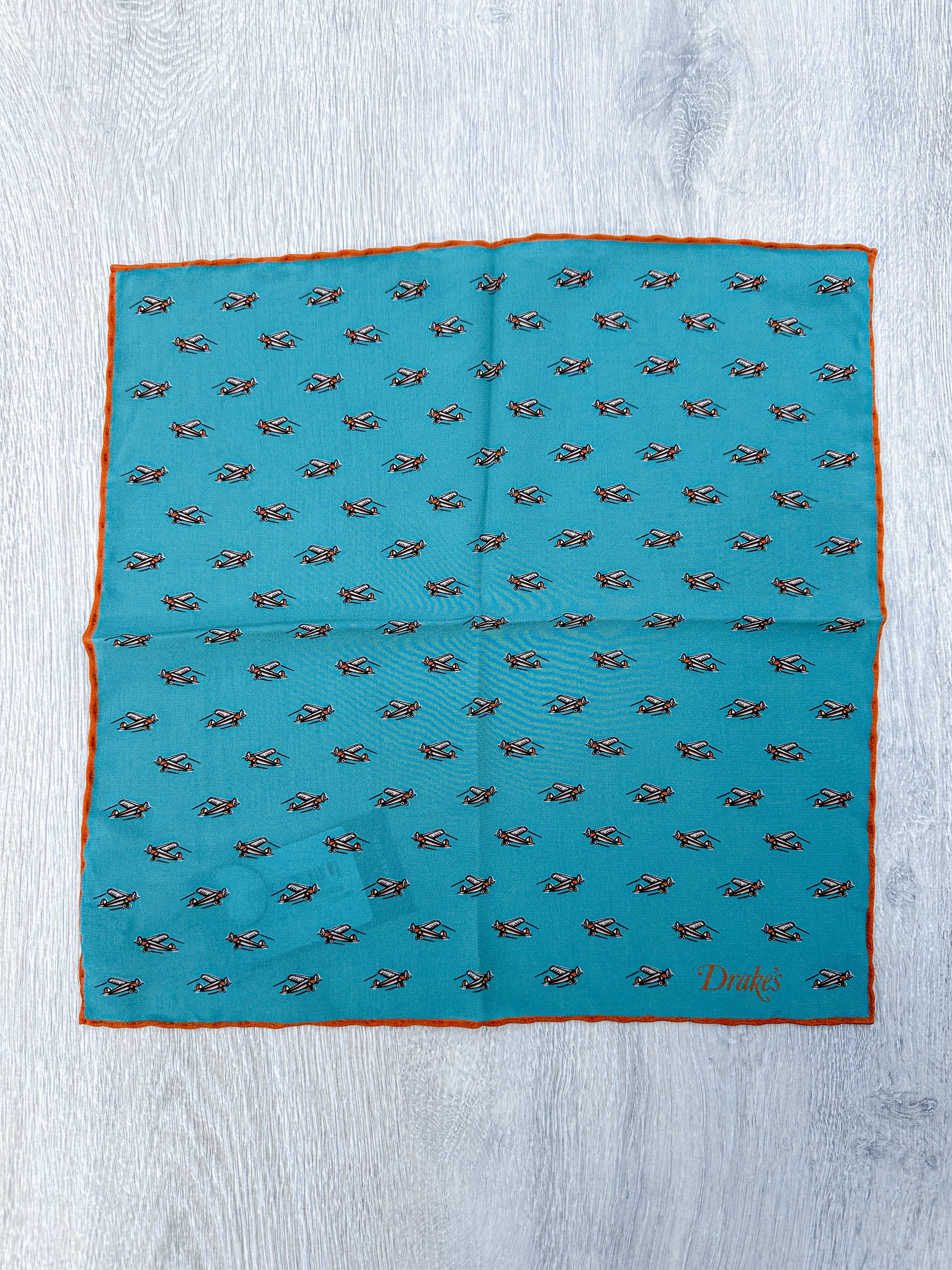 Drake's Turquoise Orange Airplane Pocket Square - House Of Huntington