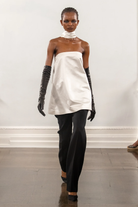 Maximilian Davis White Duchesse Sash Scarf Collar Neck Strapless Racerback Satin Mini Dress - House Of Huntington