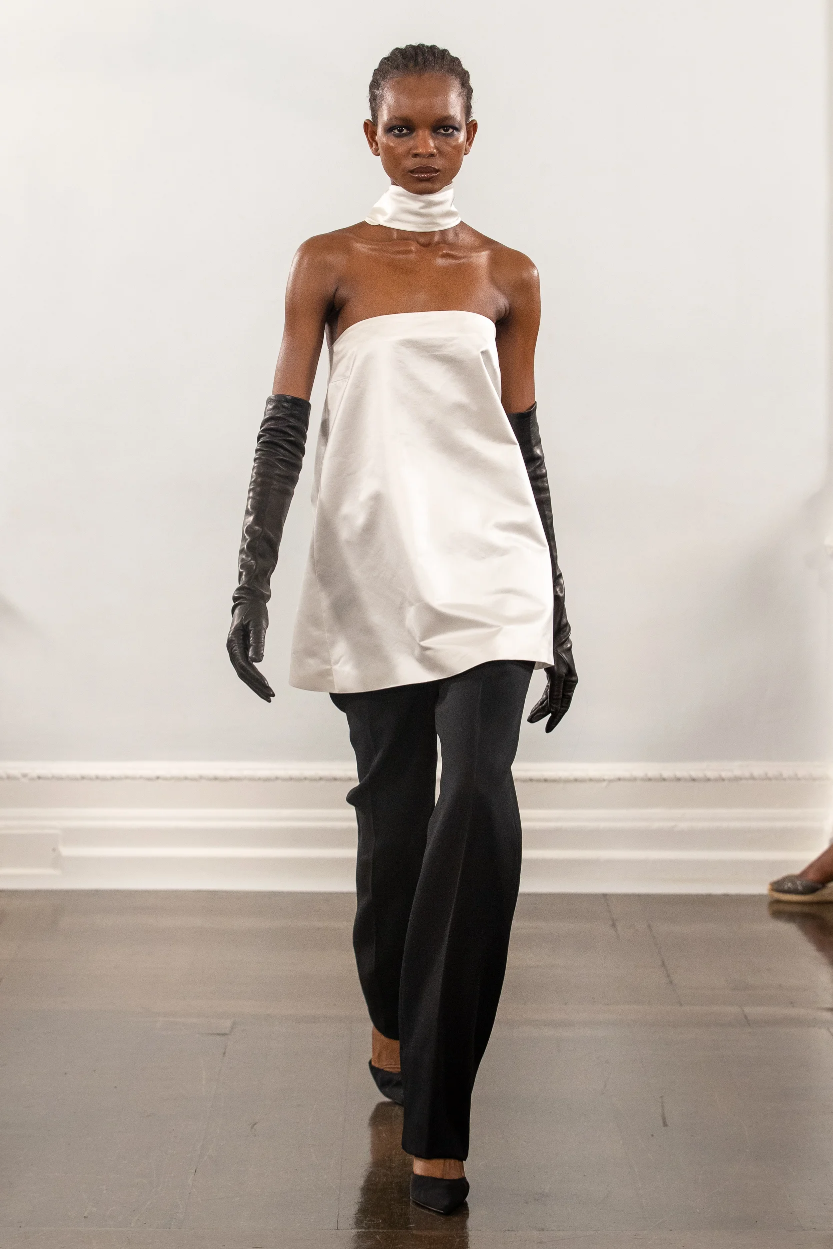 Maximilian Davis White Duchesse Sash Scarf Collar Neck Strapless Racerback Satin Mini Dress - House Of Huntington