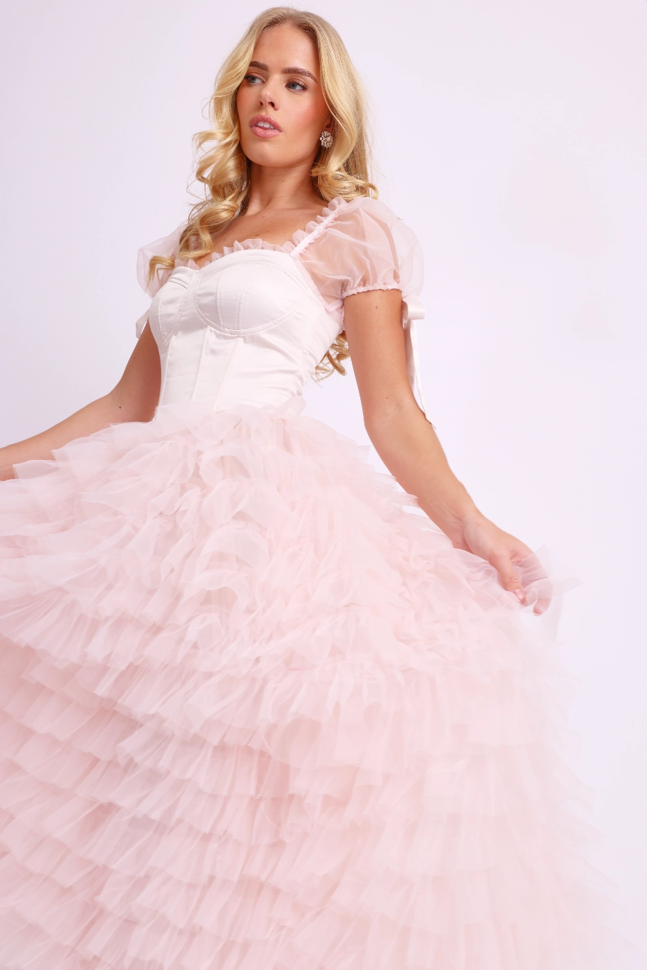 Amy Jane London Pink Kitty Fairytale Satin Corset Bodice Tiered Tulle Hem Maxi Gown Dress - House Of Huntington