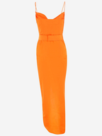 ALESSANDRA RICH Orange Silk Satin Charmeuse Ruched Slit Leg Spaghetti Strap Evening Dress - House Of Huntington
