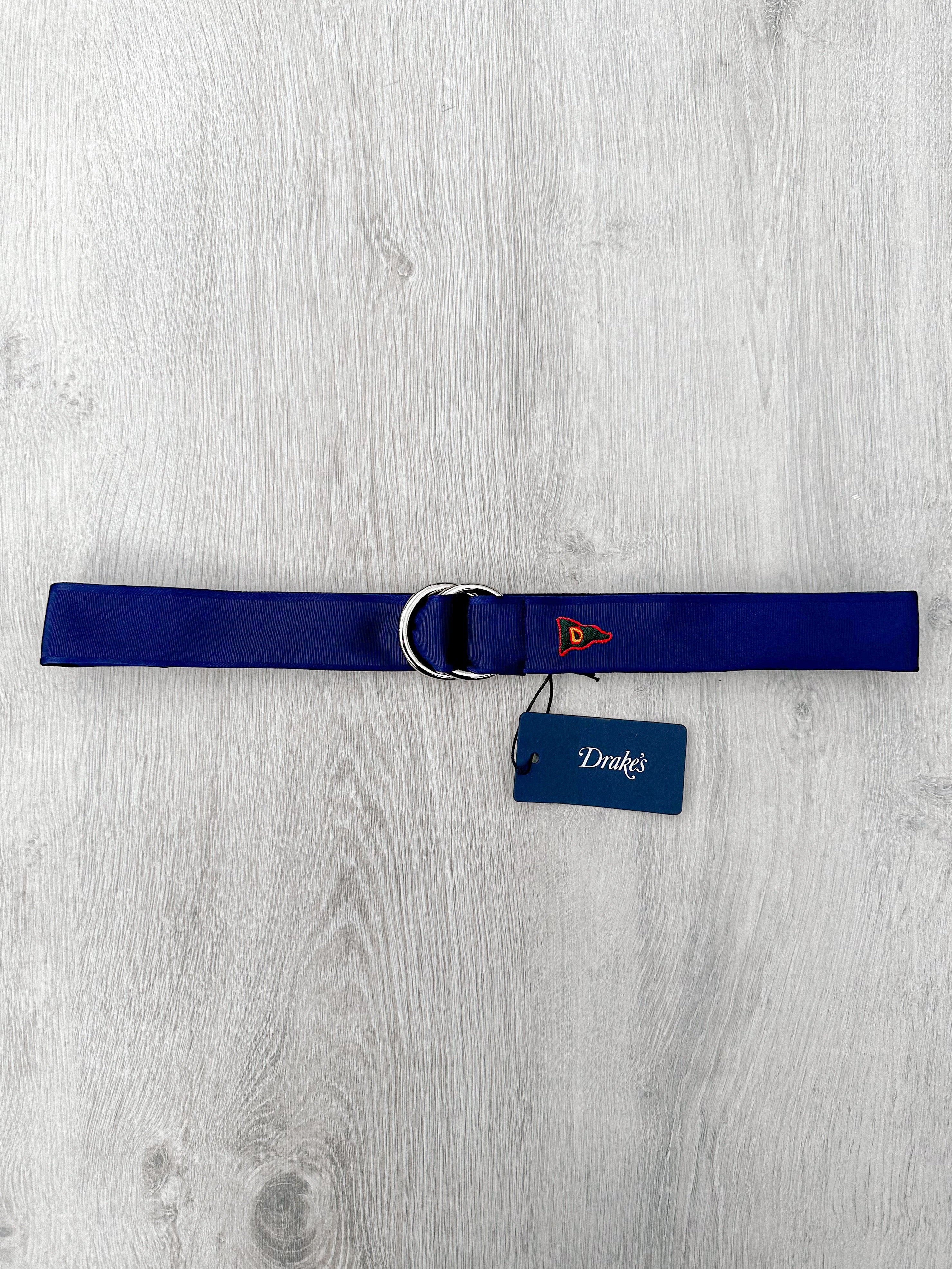 Drake's Navy Blue Belt With Embroidered Pennant Motif - House Of Huntington