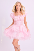 Amy Jane London Pink Arabella Organza Puff Sleeve Corset Bodice Fairytale Coquette Mini Dress - House Of Huntington