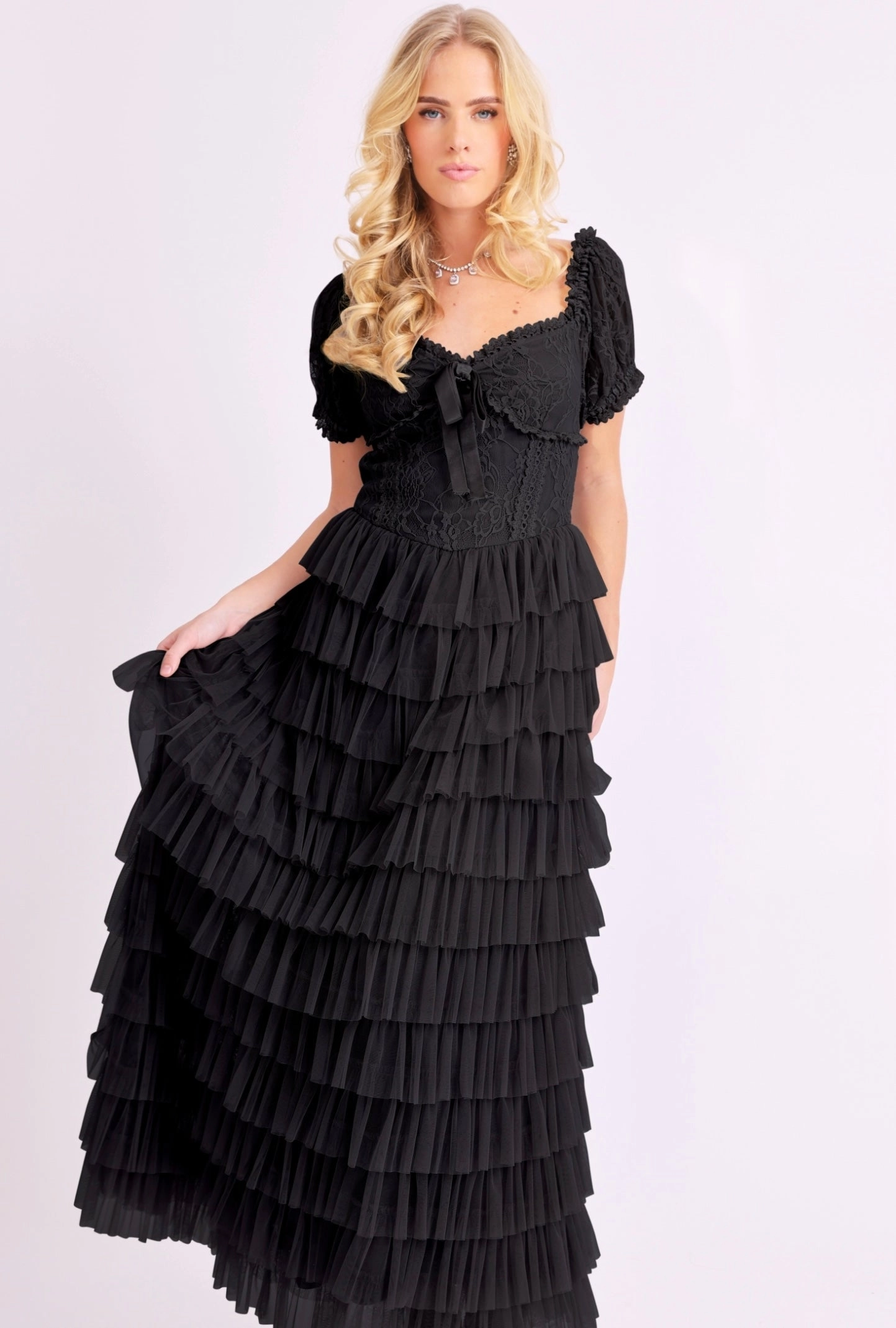 Amy Jane London Black Lace Sweetheart Neck Coquette Sofia Maxi Tulle Dress - House Of Huntington