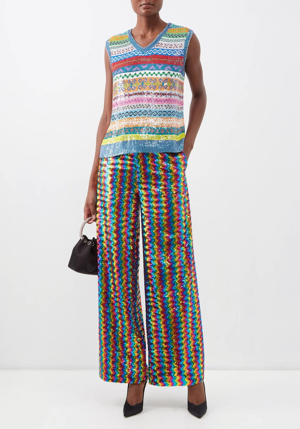 Ashish Sequinned Embellished Rainbow Chevron Georgette Trousers