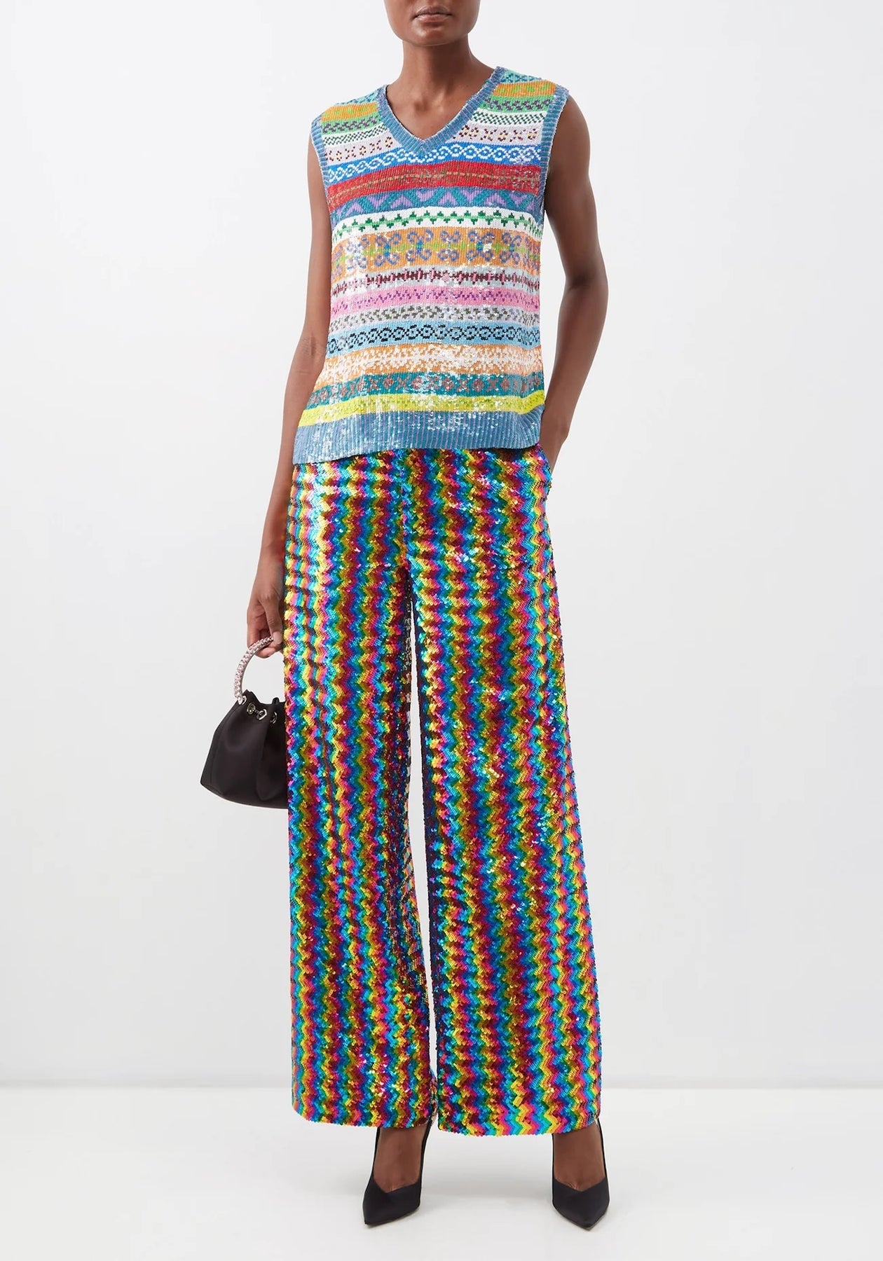 Ashish Sequinned Embellished Rainbow Chevron Georgette Trousers