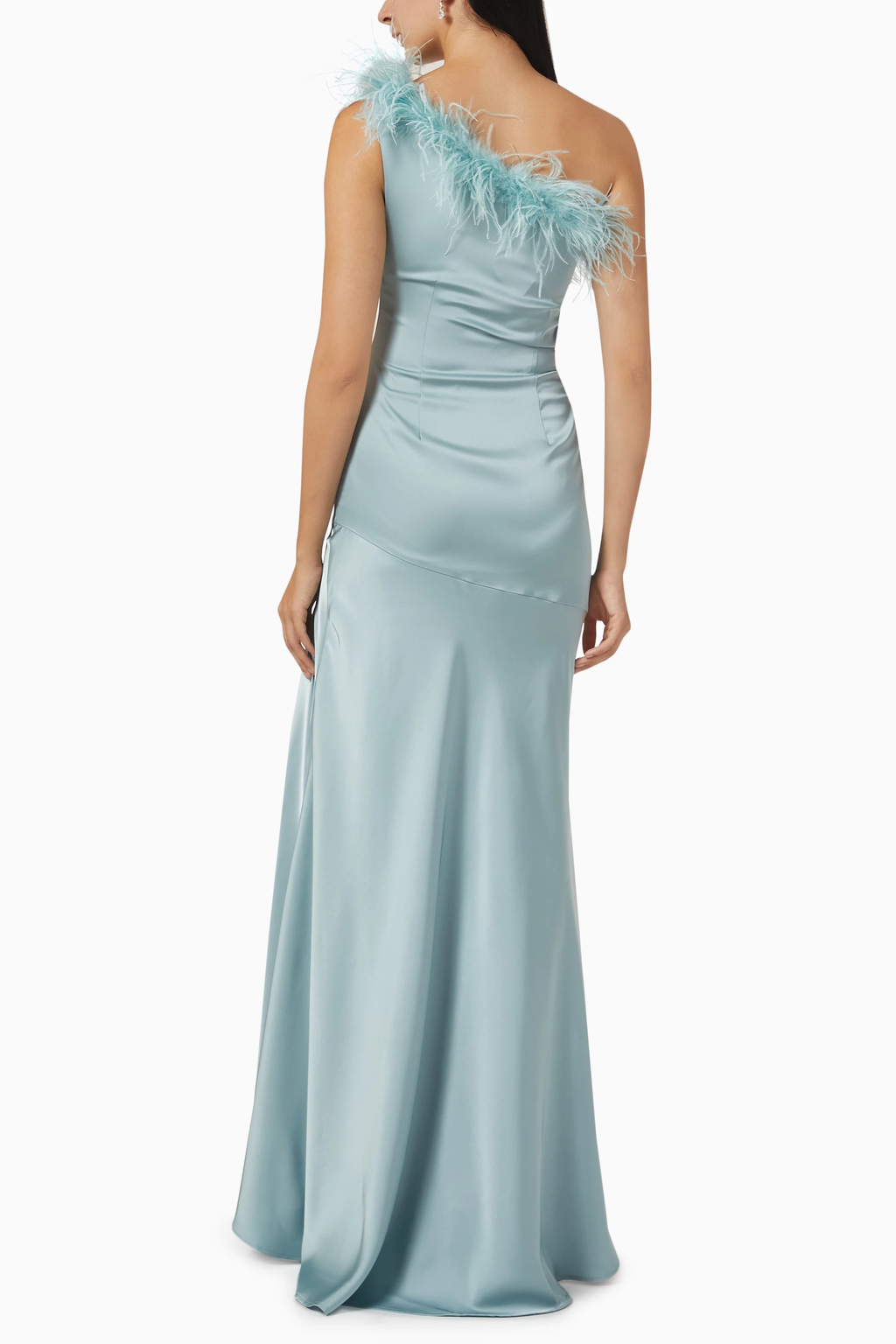 De La Vali Blue Satin Finca Feather Trim One Shoulder Gown Dress