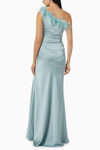 De La Vali Blue Satin Finca Feather Trim One Shoulder Gown Dress