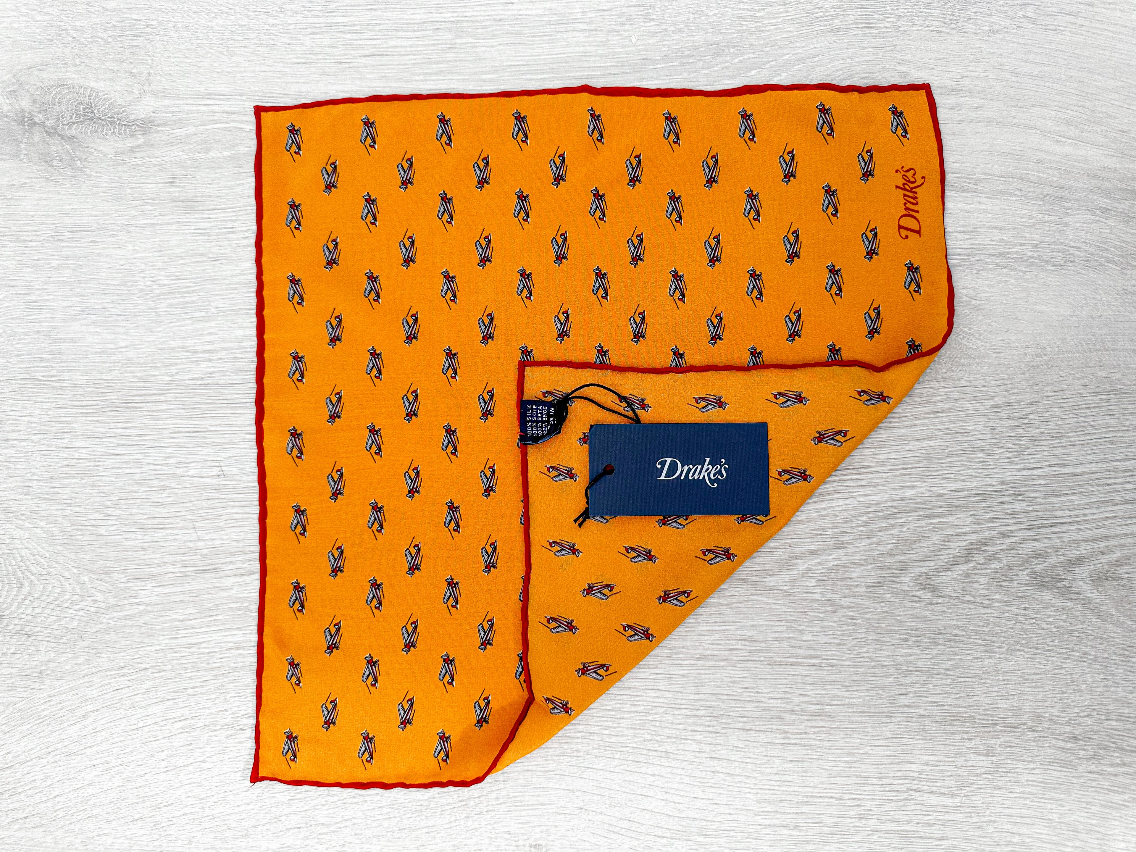Drake's Mustard Red Airplane Pocket Square - House Of Huntington