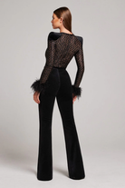 NADINE MERABI Black Monique Sequinned Lace Detail Feather Cuff Jumpsuit - House Of Huntington