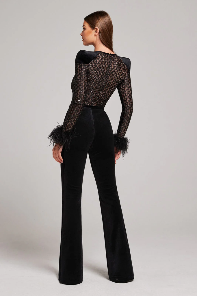 NADINE MERABI Black Monique Sequinned Lace Detail Feather Cuff Jumpsuit - House Of Huntington