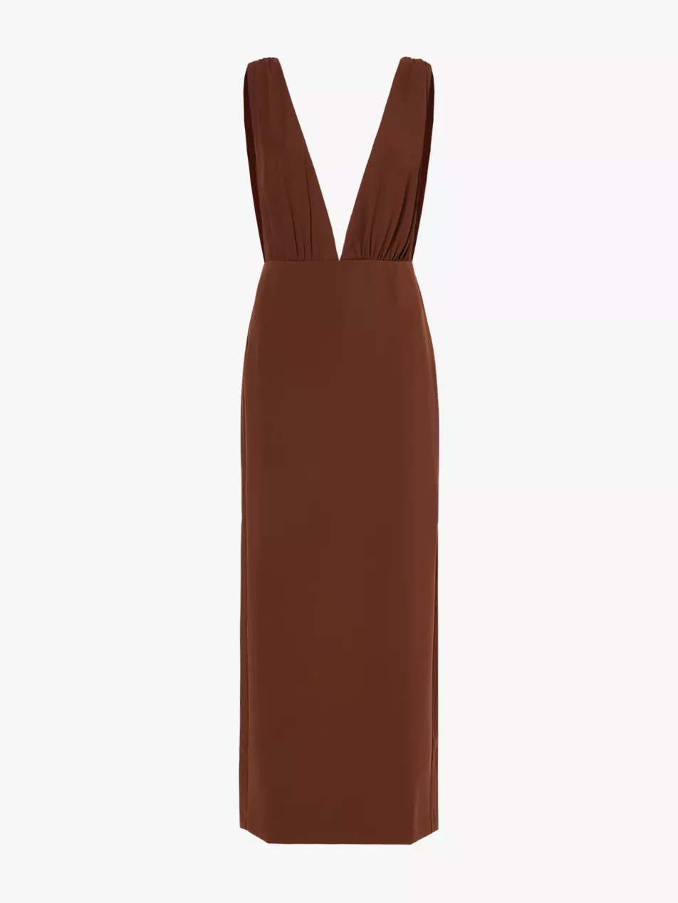 Robe marron à décolleté plongeant Reformation x Laura Harrier Velda